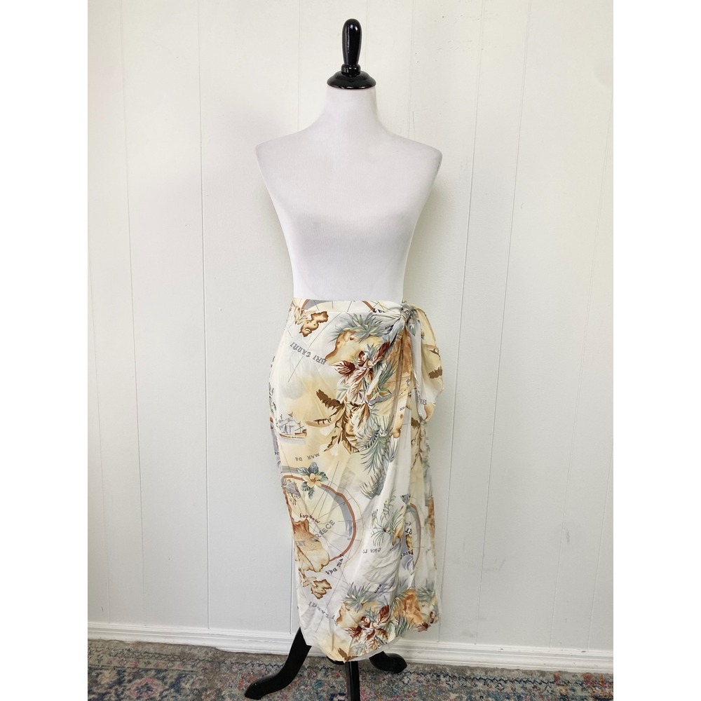 Theo Miles Women 8P 27" waist Silk Wrap Skirt Tan Map Tropical Print Midi Petite